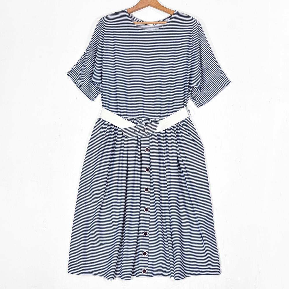 VTG 80s Leni Navy White Striped Belted Midi Dress Plus Size 18W Nautical USA